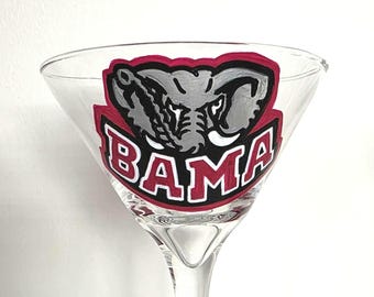 Hand Painted Alabama Crimson Tide Martini Glass