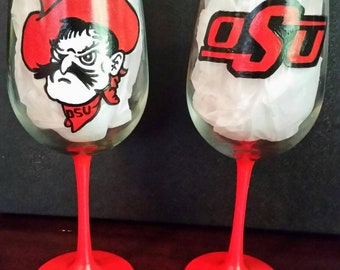 Oklahoma State Hand Painted Wine Glass, OSU College Gift