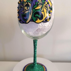 SHIPS NEXT DAY...Hand Painted Mardi Gras Wine Glass/ Gift for her/Gift for him/Bling/ Double Sided Party Barware/Rhinestone Glassware