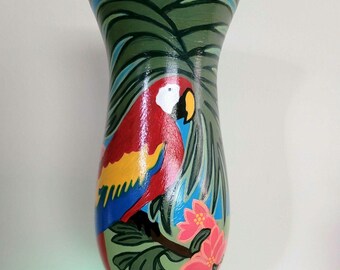 Hand Painted Tropical Parrot Hurricane Glass, Seashell Accent