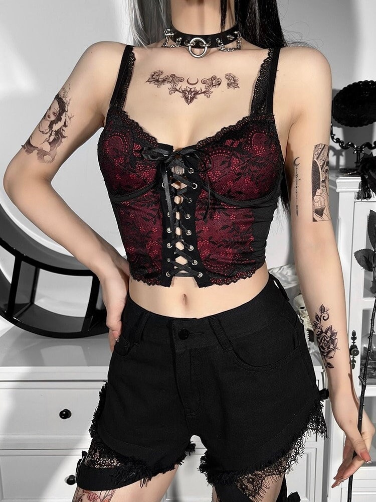 Dark Red Lace Mesh Bustier Crop Top – GTHIC