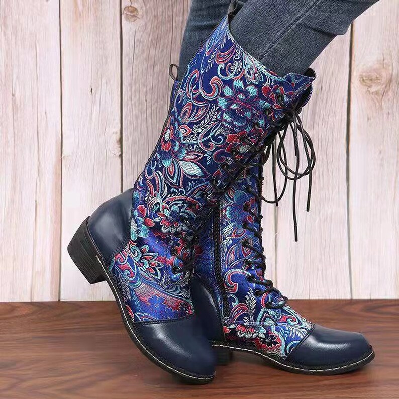 Women's Boots With Floral Embroidery Knee High Women Retro - Etsy