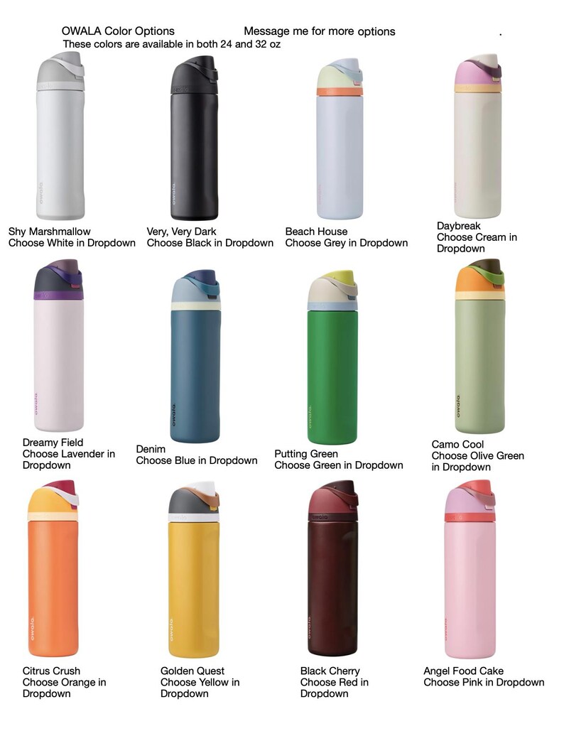 a collection of 12 different colored water bottles, each with unique color options available in 24 and 32 oz sizes. The bottles come in various colors such as white, black, green, and pink.