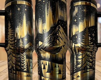Northern Lights Tumbler: Mountain and Pine Tree Design Owala Tumbler Available
