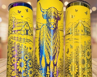 Rivestimento per bicchieri termici con motivo mucca delle Highlands e girasoli: design rustico per bicchieri da 20-40 oz.