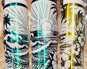 Beach Sunset Tumbler: Tropical Palm Trees Laser Engraved - Owala Tumbler Available