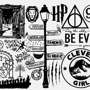 Puede incluir: Ilustración en blanco y negro con símbolos icónicos de literatura fantástica y cine. Incluye un armario, una cabeza de león, señales direccionales a Narnia y Hogwarts, y la frase "Clever Girl".
