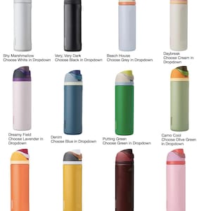 a collection of 12 different colored water bottles, each with unique color options available in 24 and 32 oz sizes. The bottles come in various colors such as white, black, green, and pink.