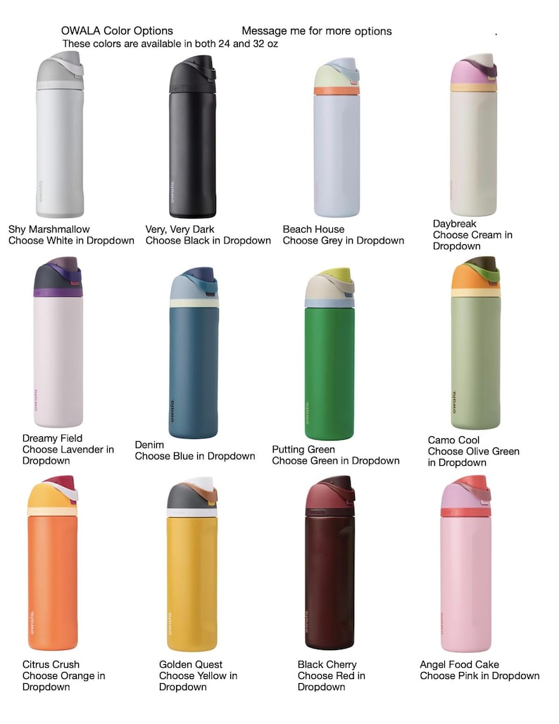 a collection of 12 different colored water bottles, each with unique color options available in 24 and 32 oz sizes. The bottles come in various colors such as white, black, green, and pink.