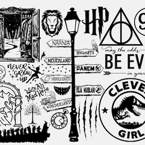 May include: Black and white illustration featuring iconic symbols from fantasy literature and film. Includes a wardrobe, lion, signposts to Narnia, Neverland, and Hogwarts, and the phrase "May the odds be ever in your favor."