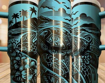 Ocean Turtle Tumbler Wrap: Strandwellen und Hibiskus Floral, 20-40oz