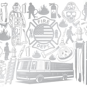 Puede incluir: Colección de ilustraciones en tonos grises con temática de bomberos, que incluyen siluetas de bomberos, hachas, camiones de bomberos y la bandera estadounidense. Las palabras "FIRE DEPT." son visibles.