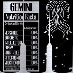 Puede incluir: Un gráfico en blanco y negro con el texto "GEMINI Nutrition Facts" y una lista de rasgos con un valor porcentual del 100%. Los rasgos incluyen "Versátil", "Sarcástico", "Intelectual", "Gracioso", "Adaptable", "Cariñoso" y "Travieso". El gráfico también presenta una imagen estilizada de la constelación de Géminis con dos caras.