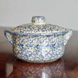 Vintage Robinson Ransbottom Pottery Blue Spongeware Lidded Bean Pot