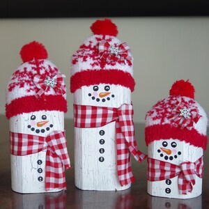 Hand Painted Wooden Snowmen Set with Red Snowflake Hats