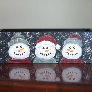 Hand Painted Snowmen on a Wooden Black Box