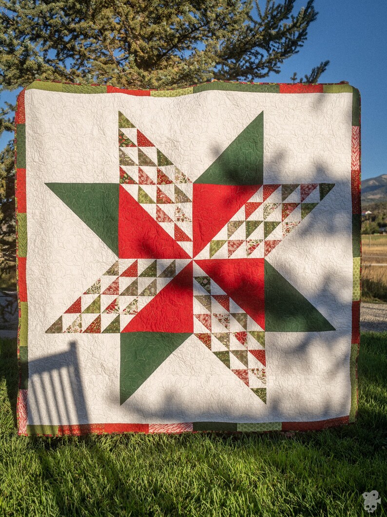 Handmade Christmas Quilt for Sale Ready to Ship, Red, Green, Pine Cone
