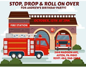 Könnte beinhalten: Ein rotes Feuerwehrauto mit einer Leiter und ein Feuerwehrhaus im Hintergrund. Das Schild lautet "Fire Station". Die Einladung lautet "Stop, Drop & Roll On Over for Andrew's Birthday Party!! October, 12th at 2PM 2414 Madison Ave, Aston, PA 19810 RSVP: 484-968-22##"
