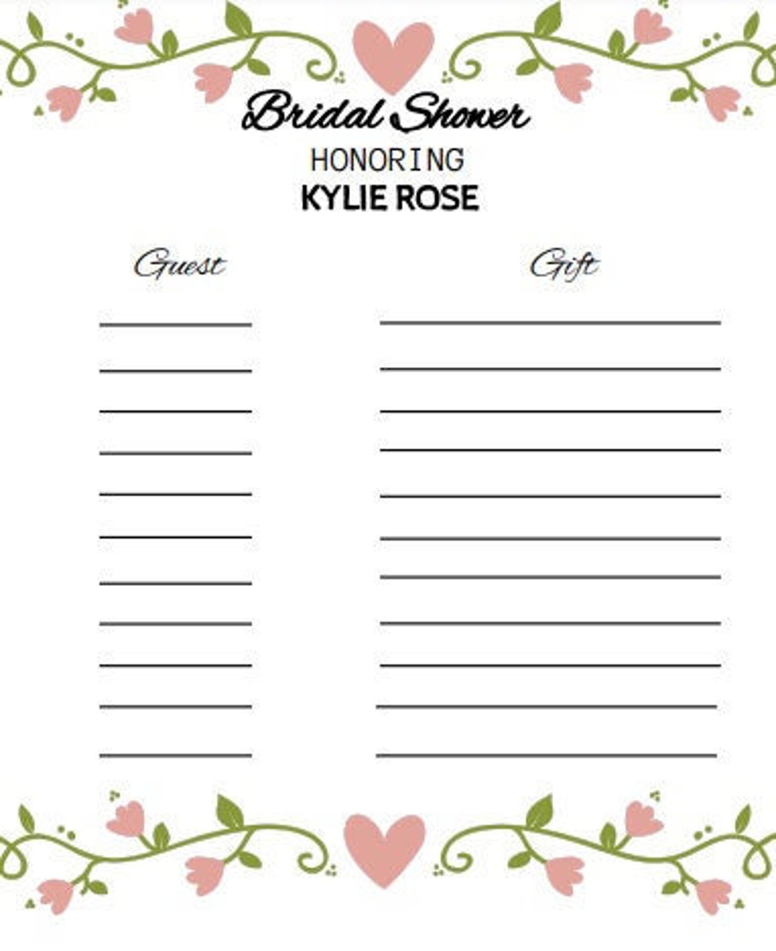 Bridal Shower Gift Tracker Printable Template Editable Etsy