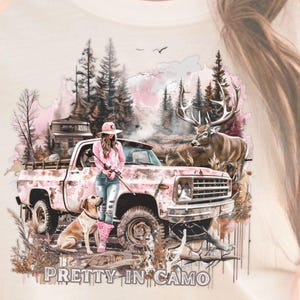 Chica cazadora PNG, Chica cazadora con perro y camioneta, Diseño rústico de astas de ciervo rosa, Sublimación de estilo de vida al aire libre, DESCARGA DIGITAL