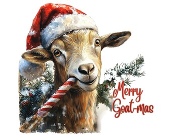 Merry Goat-mas PNG | Funny Farm Christmas Goat Design | Cute Watercolor Goat Clipart for Sublimation, Shirts, Mugs & Cards