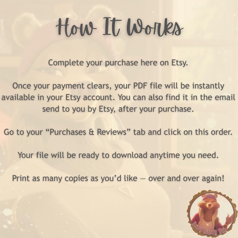 Puede incluir: Gr&aacute;fico informativo con el texto &laquo;C&oacute;mo funciona&raquo; e instrucciones para comprar y descargar un archivo PDF en Etsy. Las instrucciones incluyen pasos para completar la compra, acceder al archivo e imprimir copias.