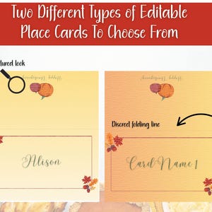 Puede incluir: Dos tarjetas de mesa editables con tem&aacute;tica oto&ntilde;al. Una tarjeta tiene un aspecto texturizado y el nombre "Alison" escrito en cursiva. La otra tarjeta tiene una l&iacute;nea de plegado discreta y el texto "Card Name 1". Ambas tarjetas tienen ilustraciones de calabazas y hojas.