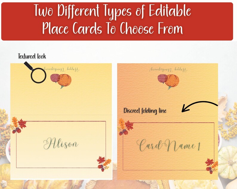 Puede incluir: Dos tarjetas de mesa editables con tem&aacute;tica oto&ntilde;al. Una tarjeta tiene un aspecto texturizado y el nombre "Alison" escrito en cursiva. La otra tarjeta tiene una l&iacute;nea de plegado discreta y el texto "Card Name 1". Ambas tarjetas tienen ilustraciones de calabazas y hojas.