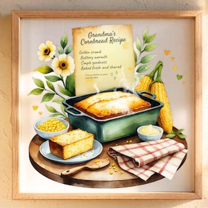 Peut inclure: Illustration à l'aquarelle encadrée d'une recette de pain de maïs. L'image présente un pain de maïs cuit dans un plat de cuisson turquoise, une tranche sur une assiette, des épis de maïs et un bol de grains de maïs. La recette s'intitule "Grandma's Cornbread Recipe."