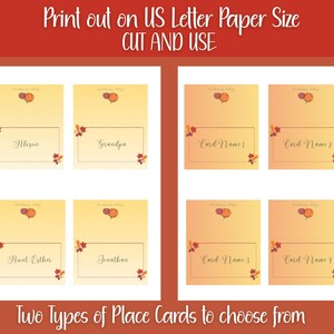 Puede incluir: Tarjetas de lugar con tem&aacute;tica oto&ntilde;al. Las tarjetas son en tonos amarillos y naranjas, con un dise&ntilde;o de calabaza y hojas. Las tarjetas tienen nombres como "Alison" y "Grandpa" impresos. El texto "Print out on US Letter Paper Size CUT AND USE" est&aacute; en la parte superior.