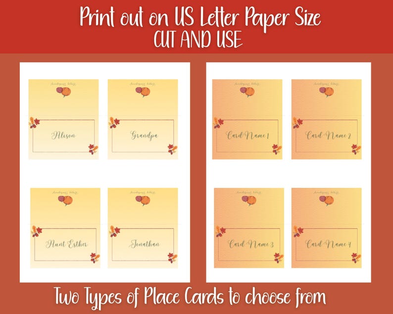 Puede incluir: Tarjetas de lugar con tem&aacute;tica oto&ntilde;al. Las tarjetas son en tonos amarillos y naranjas, con un dise&ntilde;o de calabaza y hojas. Las tarjetas tienen nombres como "Alison" y "Grandpa" impresos. El texto "Print out on US Letter Paper Size CUT AND USE" est&aacute; en la parte superior.