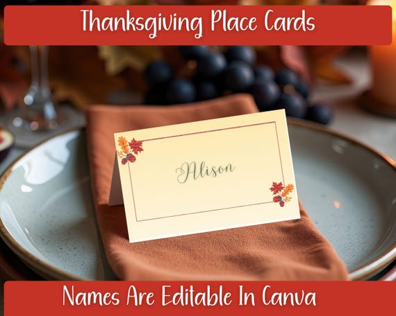 Editable Thanksgiving Place Cards Canva Template,4 on 8.5×11 Fall Name Cards (Low‐Ink & High‐Ink) Printable Cut-Out or Fold Tent Style Decor