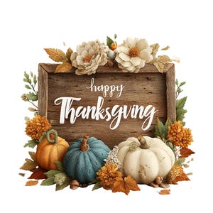 Puede incluir: Ilustración con temática de Acción de Gracias con un letrero de madera con la inscripción "Happy Thanksgiving" en escritura blanca. El letrero está enmarcado por flores crema, hojas naranjas y verdes y tres calabazas en naranja, verde azulado y blanco.