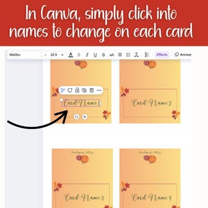 Puede incluir: Una captura de pantalla de la interfaz de dise&ntilde;o de Canva, que muestra una plantilla para tarjetas con gr&aacute;ficos tem&aacute;ticos de oto&ntilde;o. El texto dice "In Canva, simply click into names to change on each card". El dise&ntilde;o incluye campos de texto editables etiquetados como "Card Name".