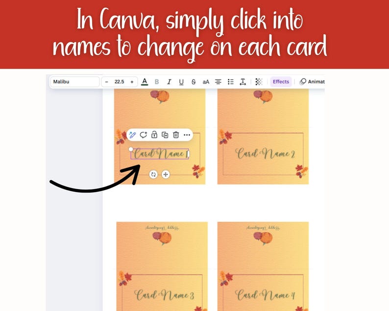 Puede incluir: Una captura de pantalla de la interfaz de dise&ntilde;o de Canva, que muestra una plantilla para tarjetas con gr&aacute;ficos tem&aacute;ticos de oto&ntilde;o. El texto dice "In Canva, simply click into names to change on each card". El dise&ntilde;o incluye campos de texto editables etiquetados como "Card Name".