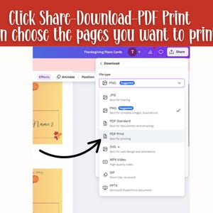 Puede incluir: Captura de pantalla de una interfaz de dise&ntilde;o digital con el texto "Click Share-Download-PDF Print Then choose the pages you want to print." La interfaz muestra opciones de tipo de archivo, incluido PDF Print.