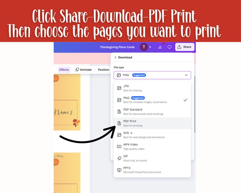 Puede incluir: Captura de pantalla de una interfaz de dise&ntilde;o digital con el texto "Click Share-Download-PDF Print Then choose the pages you want to print." La interfaz muestra opciones de tipo de archivo, incluido PDF Print.