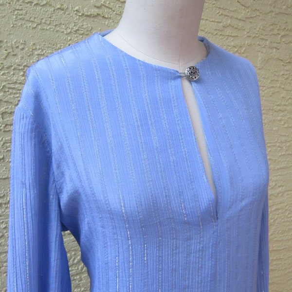 Vintage 1960's / 1970's Baby Blue & Silver Metallic, Striped Shift, Shirtdress, Go-Go Mini Dress, Plus Size, XL, Handmade, One of a Kind