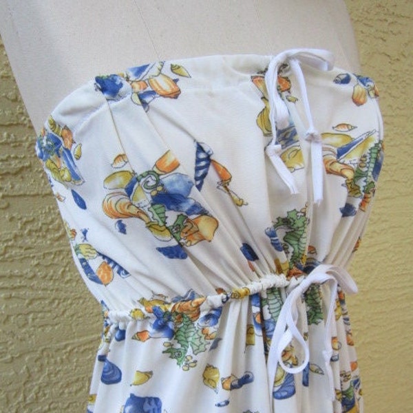 Vintage 1970's Handmade Seahorse and Seashell Beach Print Adjustable Ribbon Tube Top Dress Size Medium Unique Hippie Boho Garment Loungewear