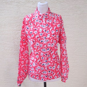 Vintage 1970&#39;s 1980&#39;s Bright Orange Long Sleeve Floral Hippie Button Down Shirt, Size Medium  Large by &quot;Donnkenny&quot;,  Boho Puff Sleeve Blouse