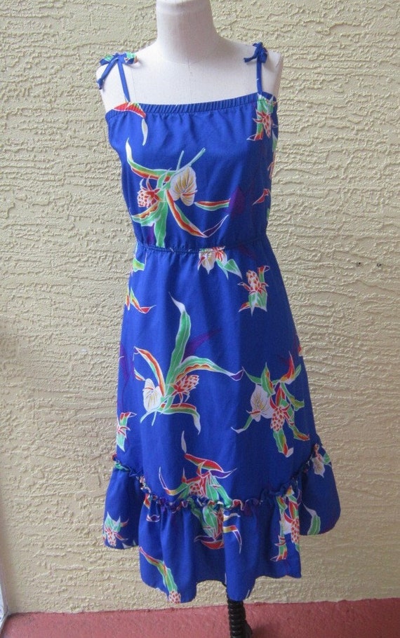 Vintage 1980's Hawaiian Blue & Floral Ruffle Dress