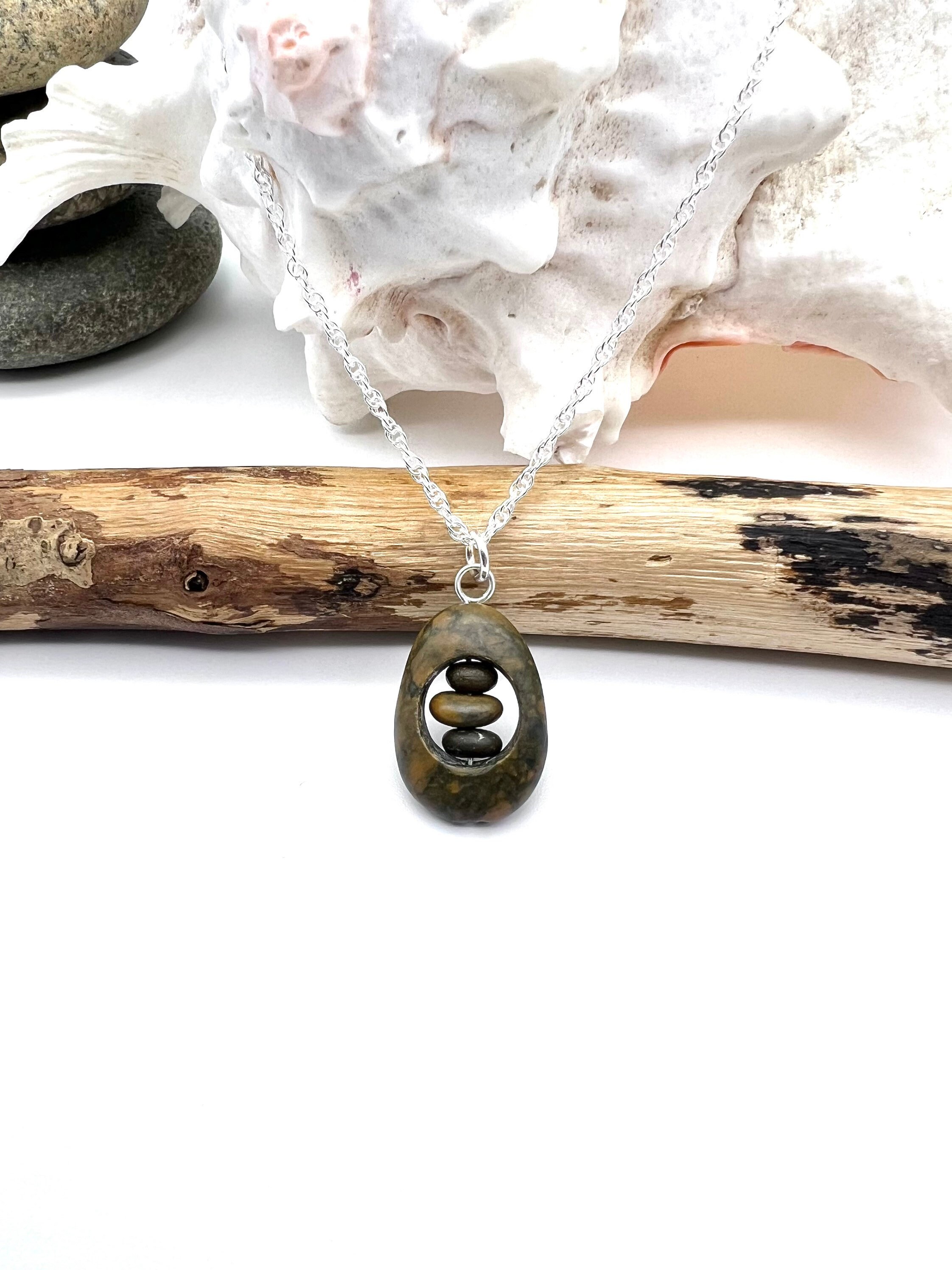 Natural Beach Stone Necklace, Oval Shape Rock Pendant, Hand Carved 3