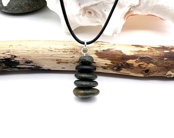 Beach Stone Cairn Necklace, 5 Rock Stack Pendant, Handmade Sea Pebble Cairn Stack Necklace on a Cotton Cord Boho Zen Jewelry