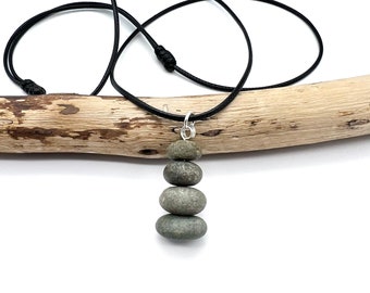 Beach Stone Cairn Necklace, 4 Rock Stack Pendant, Handmade Sea Pebble Cairn Stack Necklace on a Cotton Cord Boho Zen Jewelry