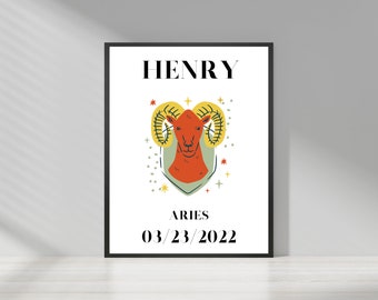 zodiac sign, birth, personalized, child name, gift idea, digital print, children's room, poster, digital, printable, A4, print, children