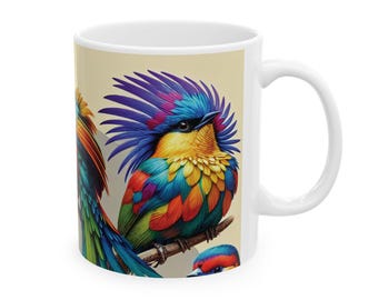 Taza de cerámica con coloridos pájaros tropicales / Vibrante diseño de loro