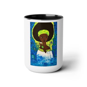 Ethiopian Art Coffee Mug: Black Woman Portrait, Two-Tone Ceramic 15oz