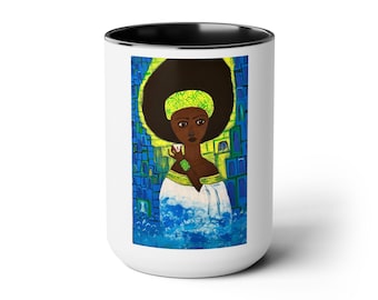 15oz Ethiopian art Two-Tone Coffee mug, Tea Mugs, gift for her, gift for him, gift for birthday, dishwasher safe mug, black women mug, Gift