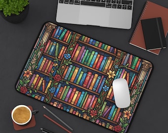 Stained Glass Bookshelf Desk Mat | Book Lover Desk Mat, Floral Library Mouse Pad