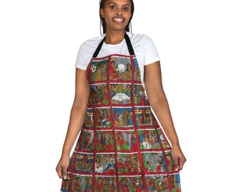 Delantal de arte etíope, estampado geométrico colorido, único, unisex, cocina, chef, cocinero, regalo